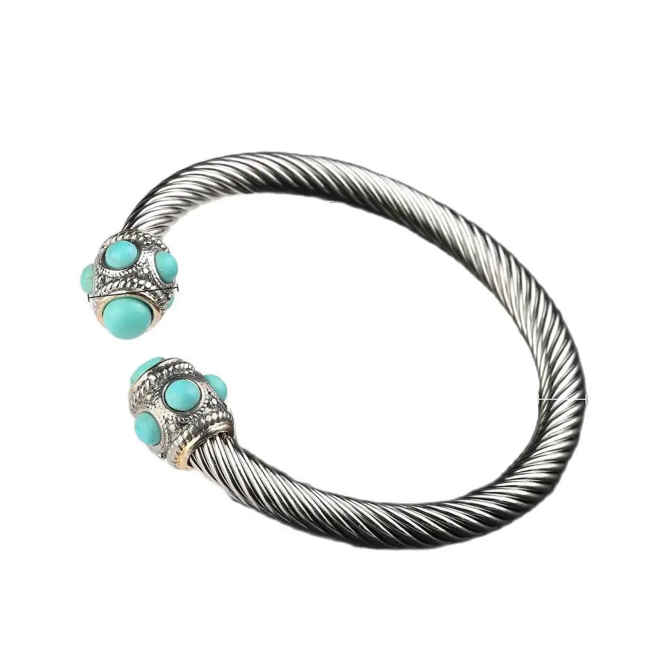 Tasha Cable Bangle - Silver + Turquoise