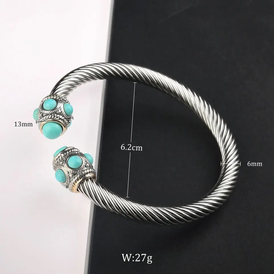 Tasha Cable Bangle - Silver + Turquoise